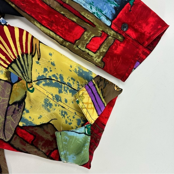 Chico’s Design Shirt 100% Silk Oriental Geisha Button Up Blouse Size Large Art - Picture 7 of 7